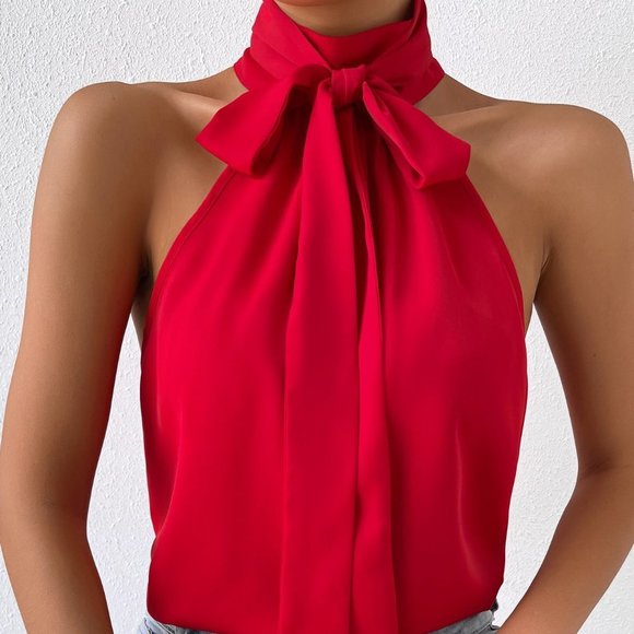 . Tops - Red Preppy Womens Solid Tie Neck Halter Top
